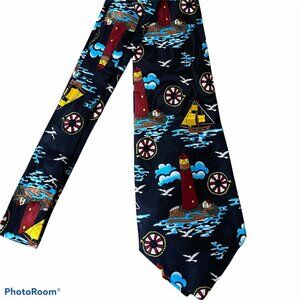 Steven Harris Nautical-Themed Silk Tie Lighthouses & Ships On Navy Background